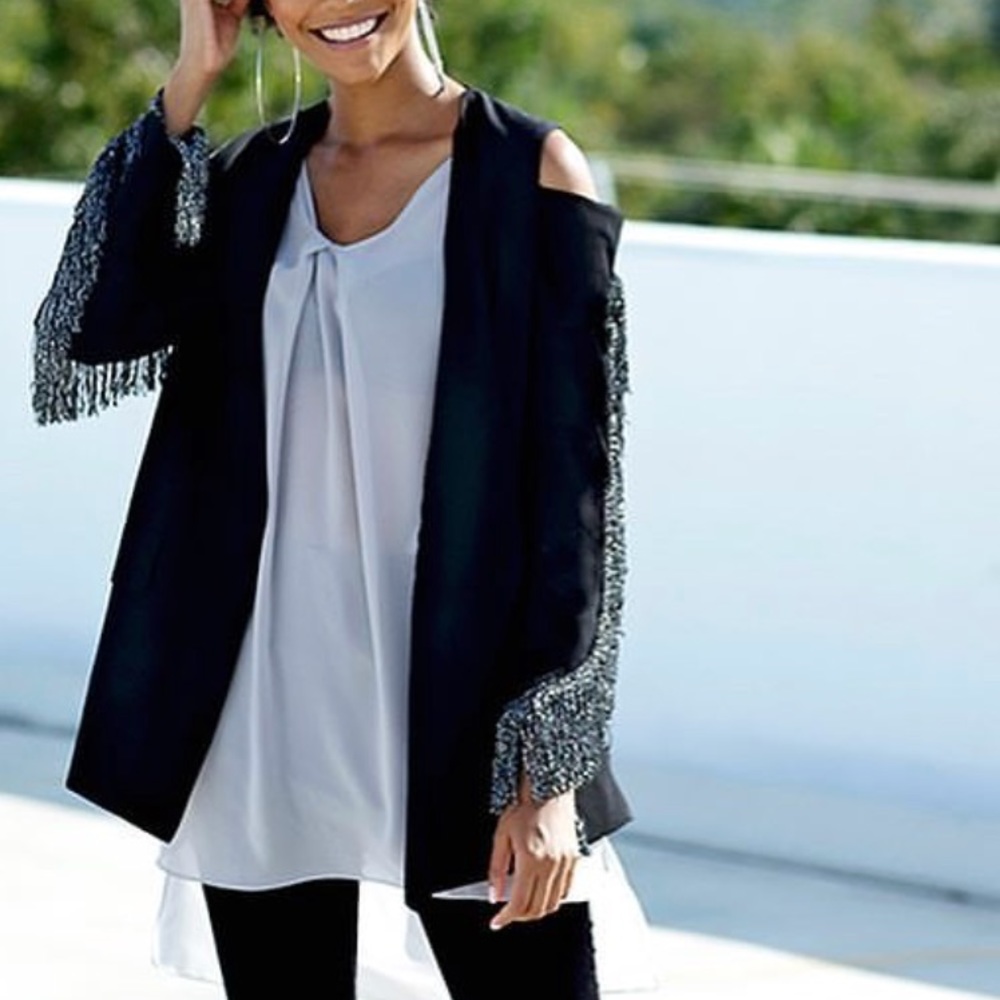Silver fringe open shoulder blazer S/M